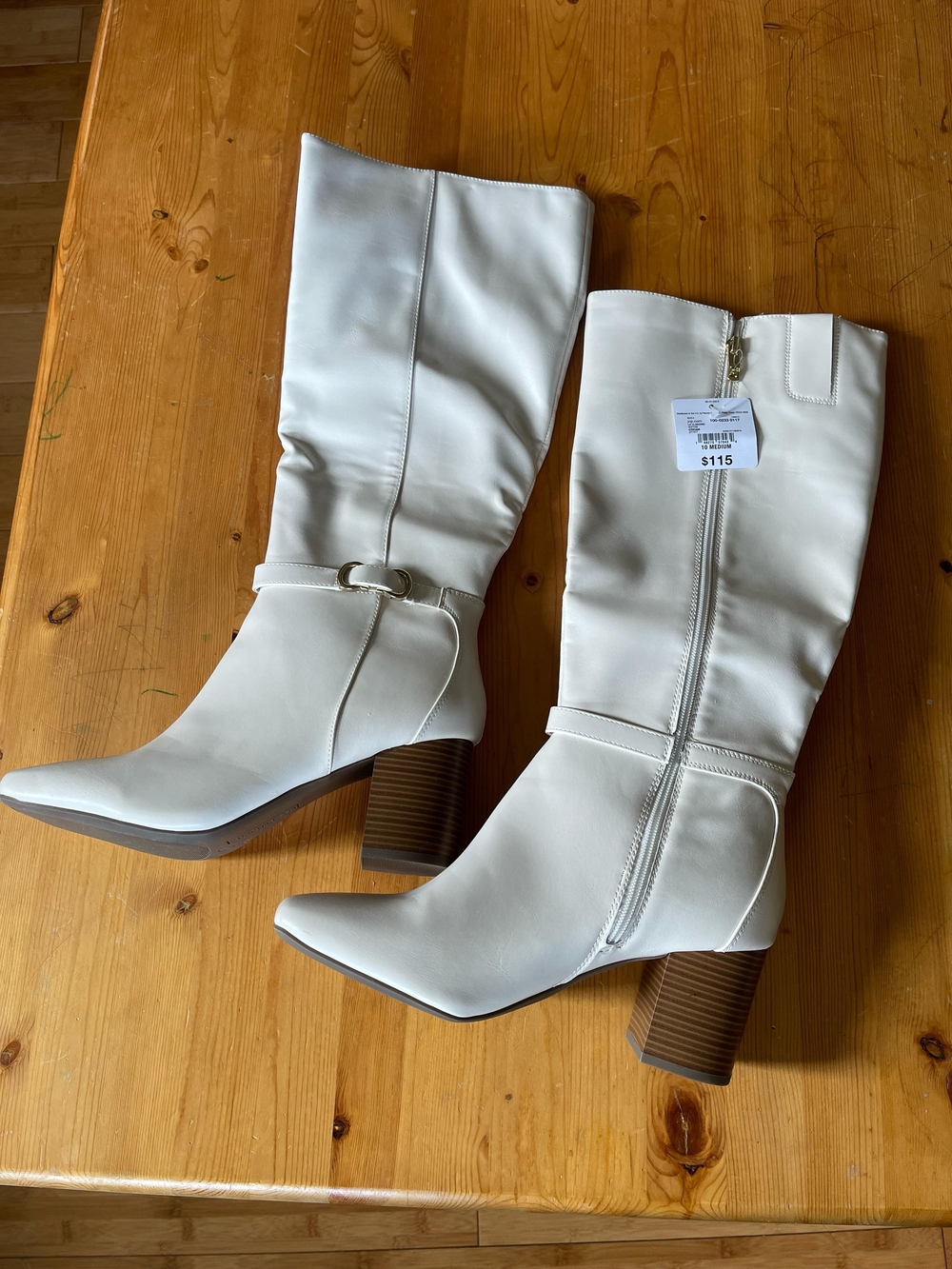 Liz Claiborne Off-White Mid-Calf Block Heel Boots with Strap Accent